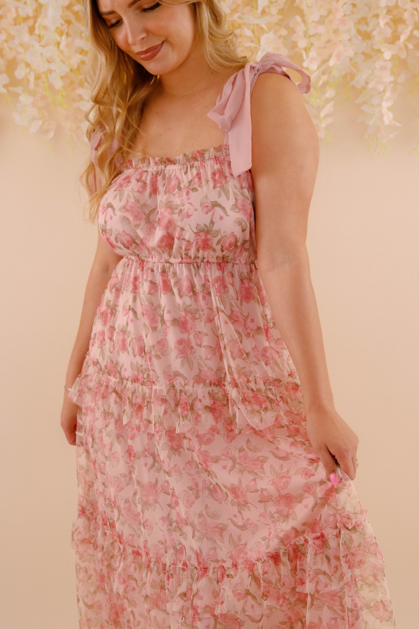 Floral Print Tulle Midi Dress- Women's Pink Tulle Dress- BluPepper Midi Dress