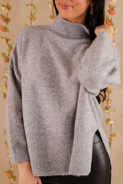 Oversized Grey Mockneck Sweater- Women's Soft Oversized Sweater- Ribbed Knit Comfy Sweater