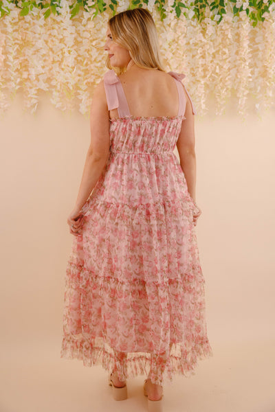 Floral Print Tulle Midi Dress- Women's Pink Tulle Dress- BluPepper Midi Dress
