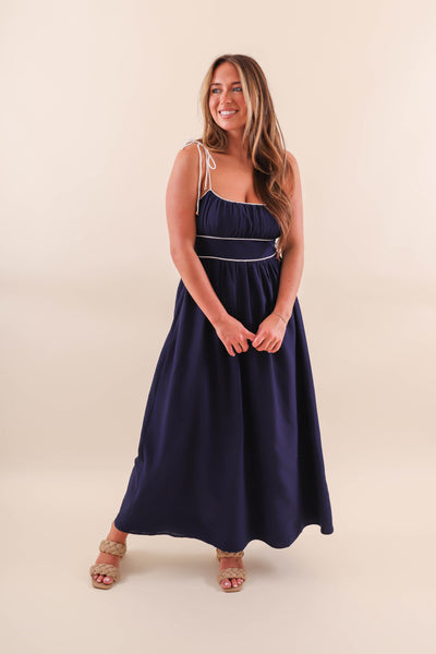 Navy Maxi Dress with White Piping Contrast - Solid Navy Maxi With White Stripes