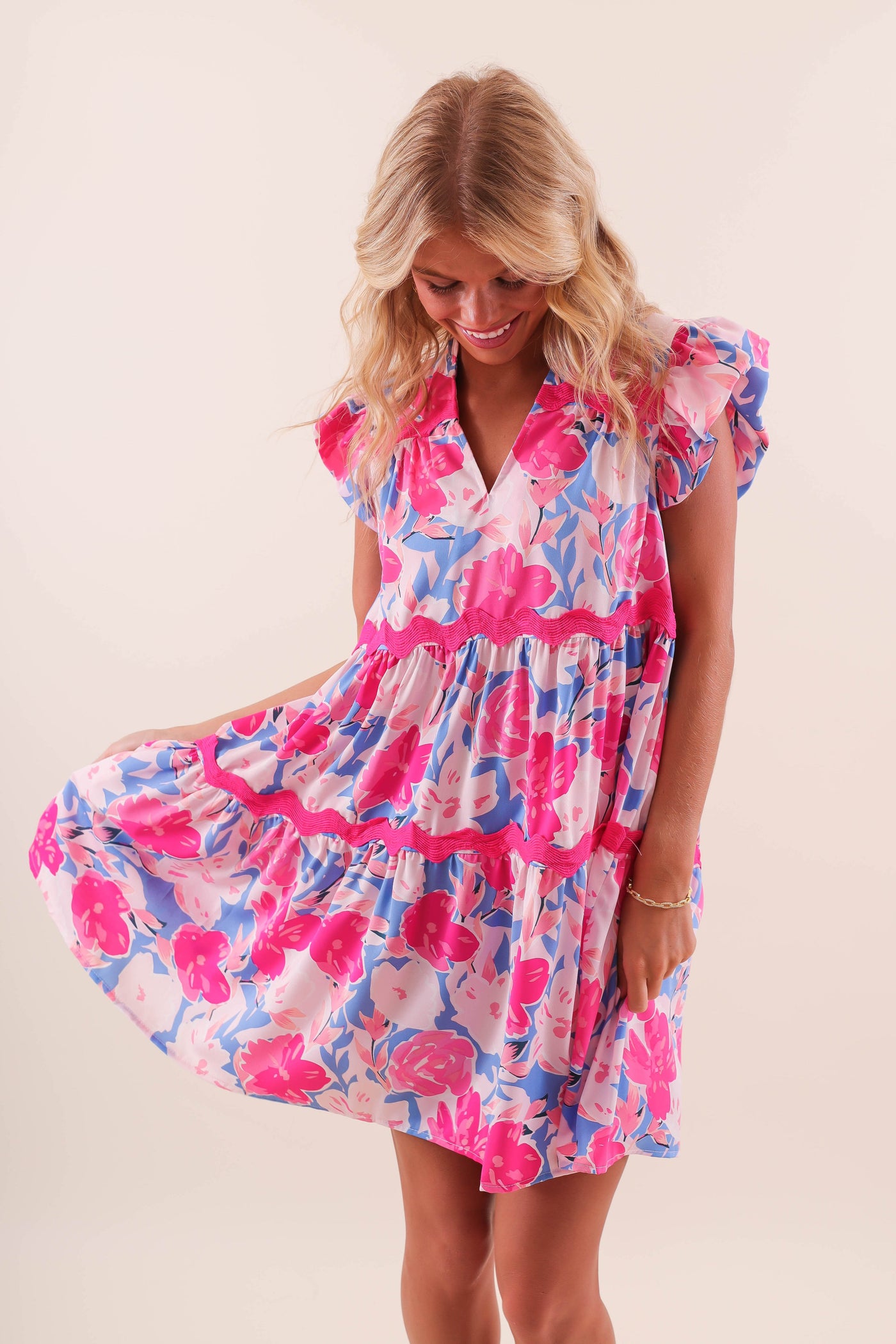 Women's Colorful Ric-Rac Dress- Women's Floral Print Mini Dress- Umgee Pink Dress