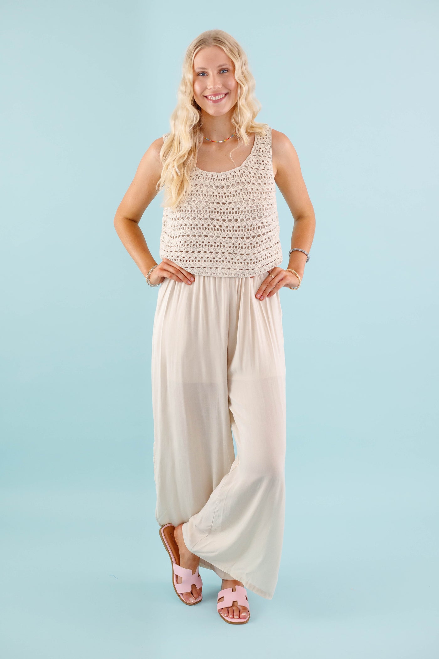 Cream Crochet Slit Jumpsuit- Women's Boho Jumpsuit- Crotchet Jumpsuit