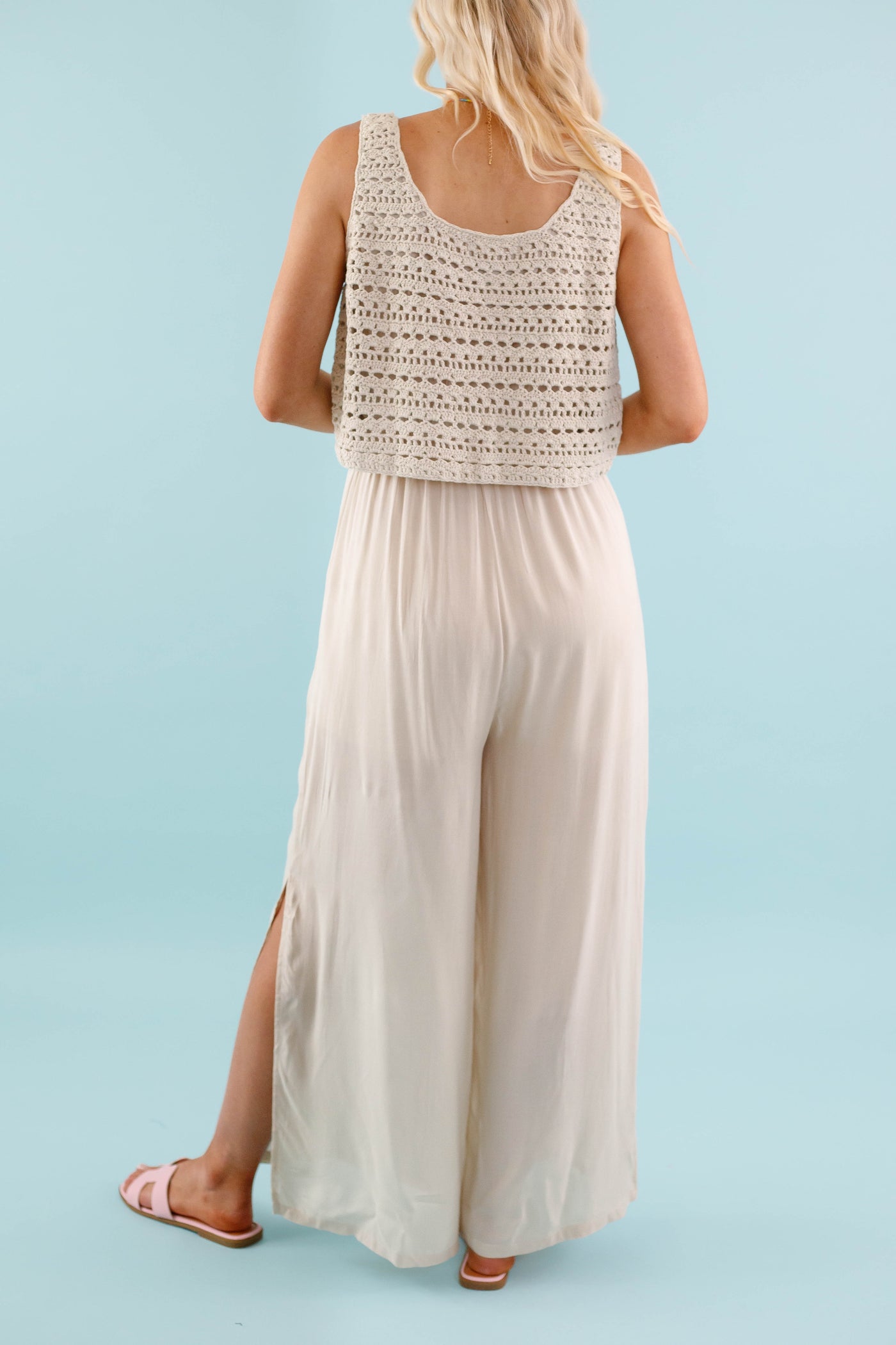 Cream Crochet Slit Jumpsuit- Women's Boho Jumpsuit- Crotchet Jumpsuit