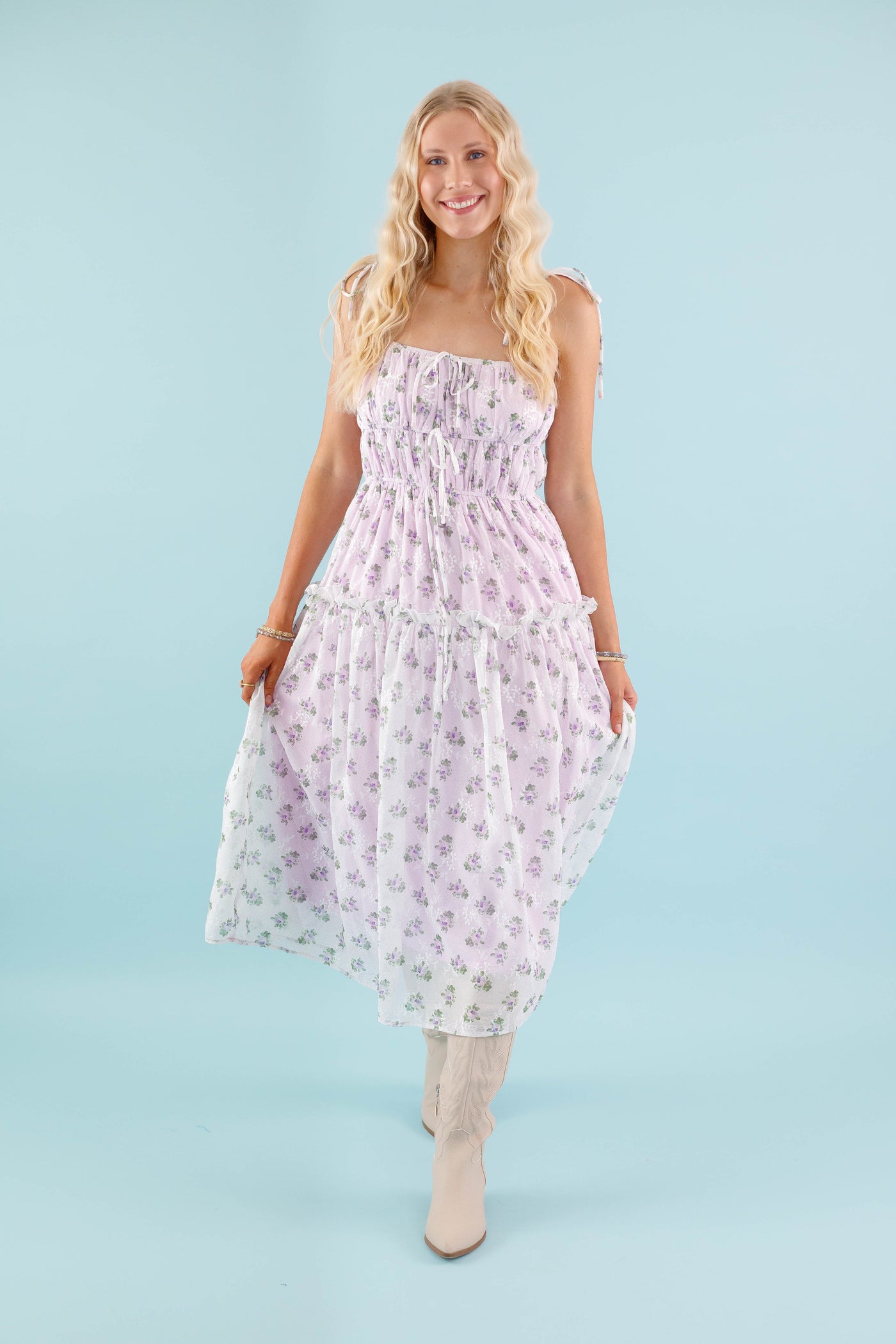 Lavender Floral Midi Dress- Dainty Flower Print Dress- Storia Midi Dress