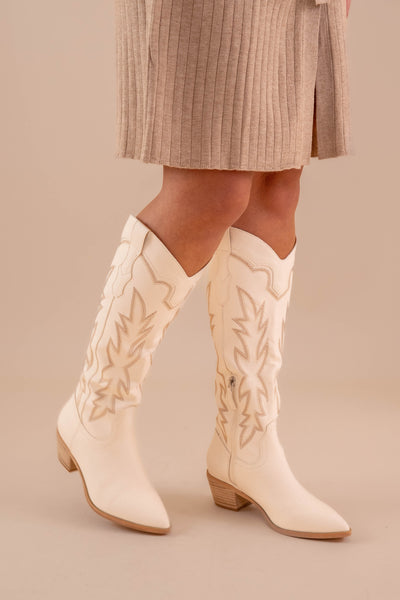 Ivory Tall Cowboy Boots- Ivory Western Boots- High Quality Faux Leather Boots- Miim Boots