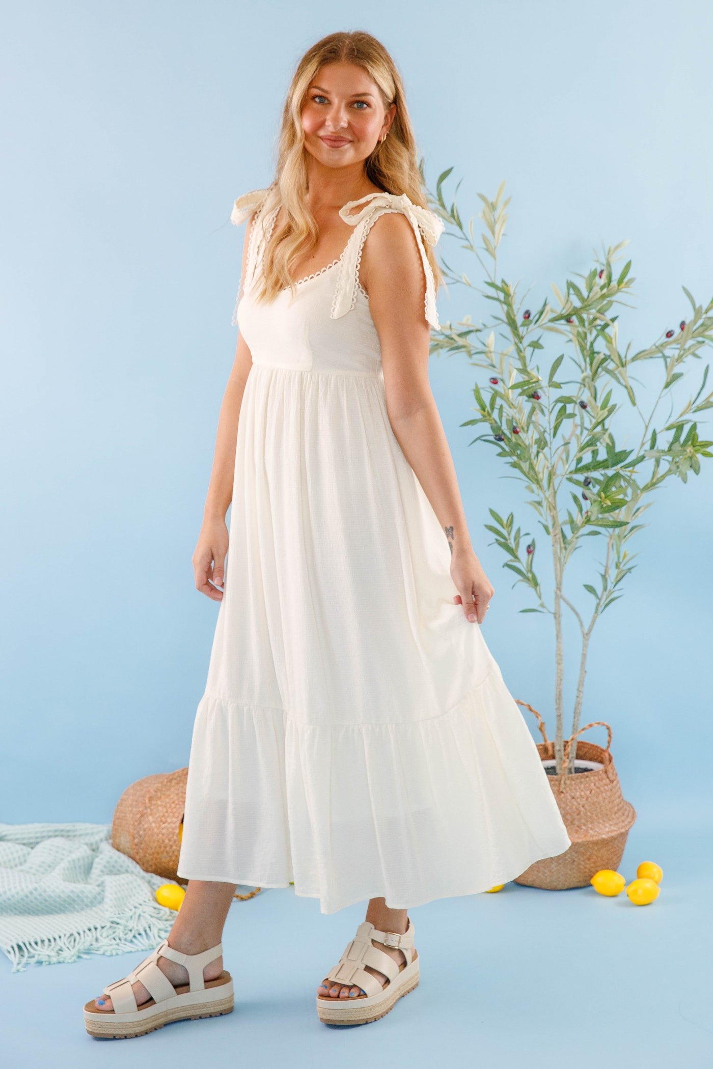 Eyelet Detail Off White Midi Dress- Women's Solid Dresses- BluPepper Maxi Dress