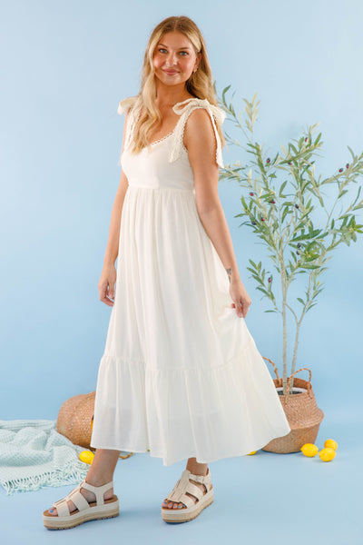 Eyelet Detail Off White Midi Dress- Women's Solid Dresses- BluPepper Maxi Dress