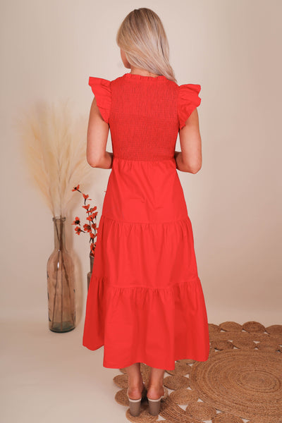 Women's Red Smocked Midi Dress- Women's Red Midi Dress- Sugar Lips Midi Dress