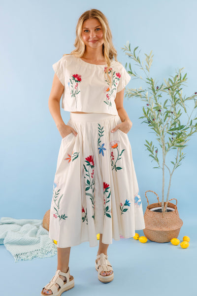Midi Flare Skirt- Two Piece Embroidered Set- Mable Floral Set