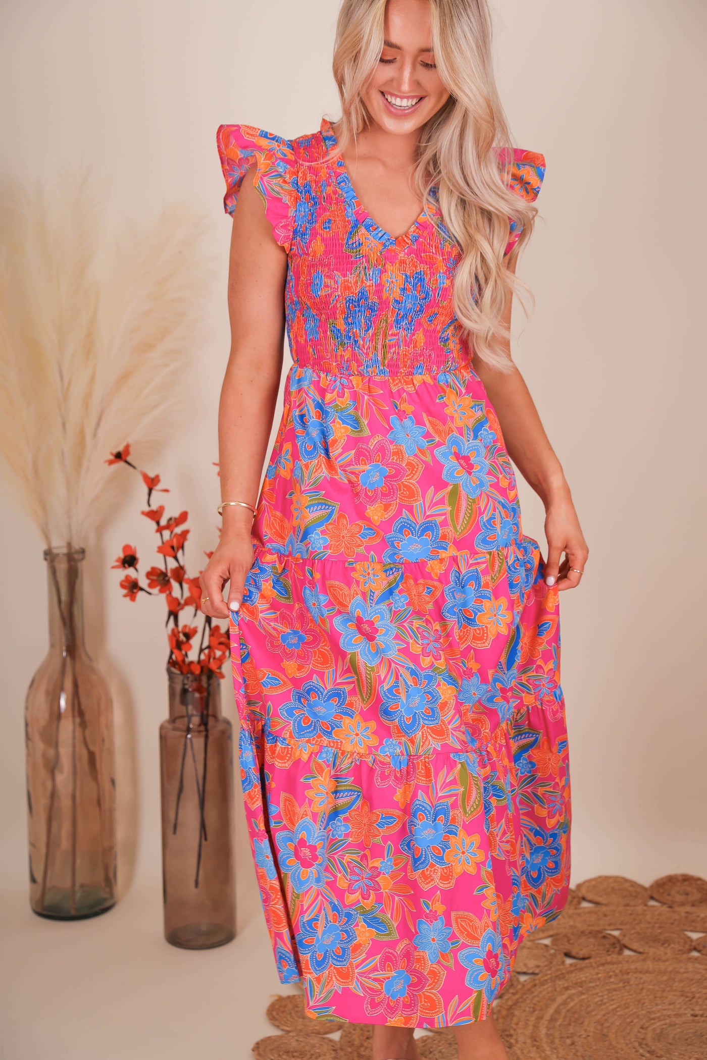 Women's Floral Smocked Midi Dress- Women's Hot Pink Midi Dress- Sugar Lips Midi Dress