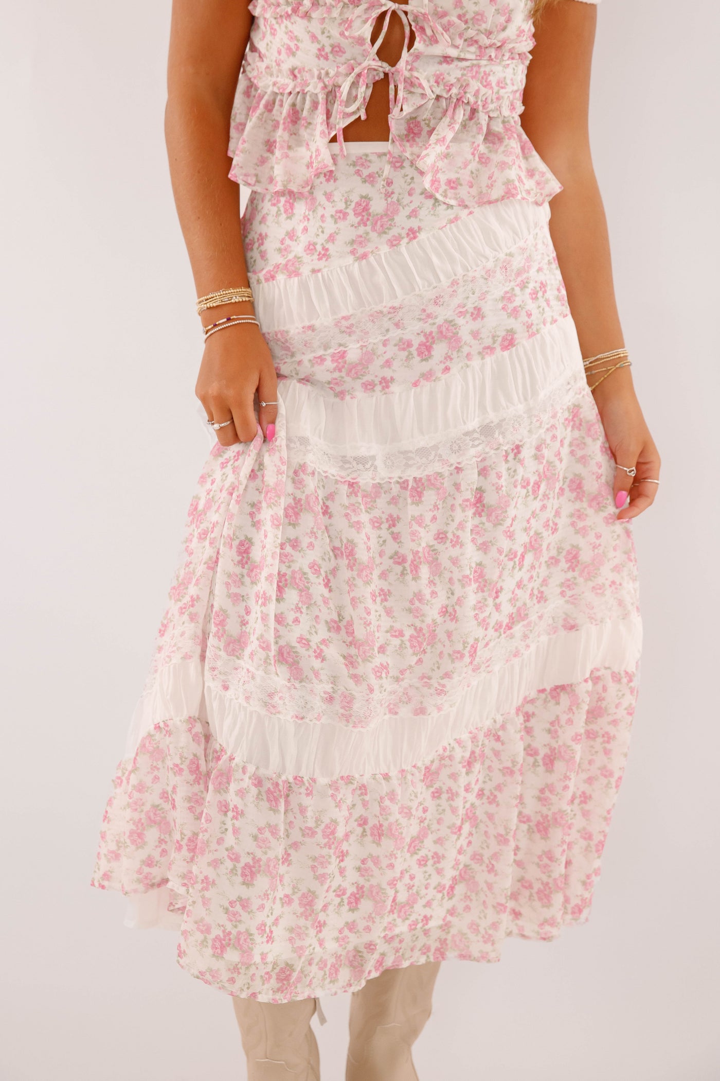 Pink Floral Lace Two Piece Set- Women's Midi Skirt Lace Set- PeachLove California