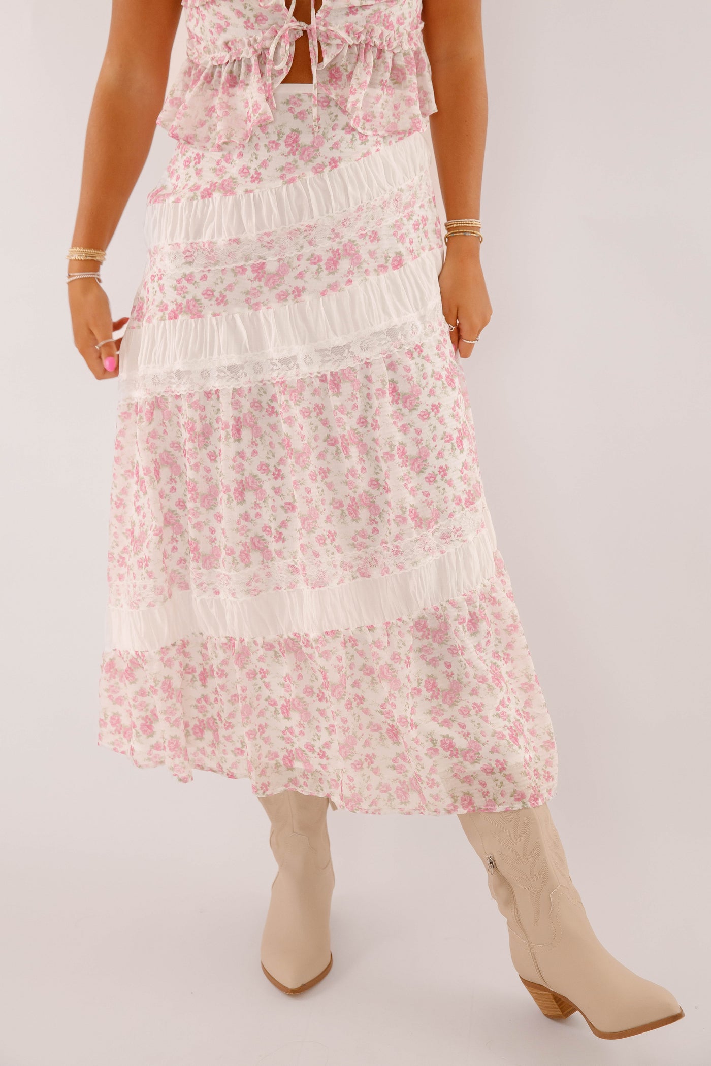 Pink Floral Lace Two Piece Set- Women's Midi Skirt Lace Set- PeachLove California