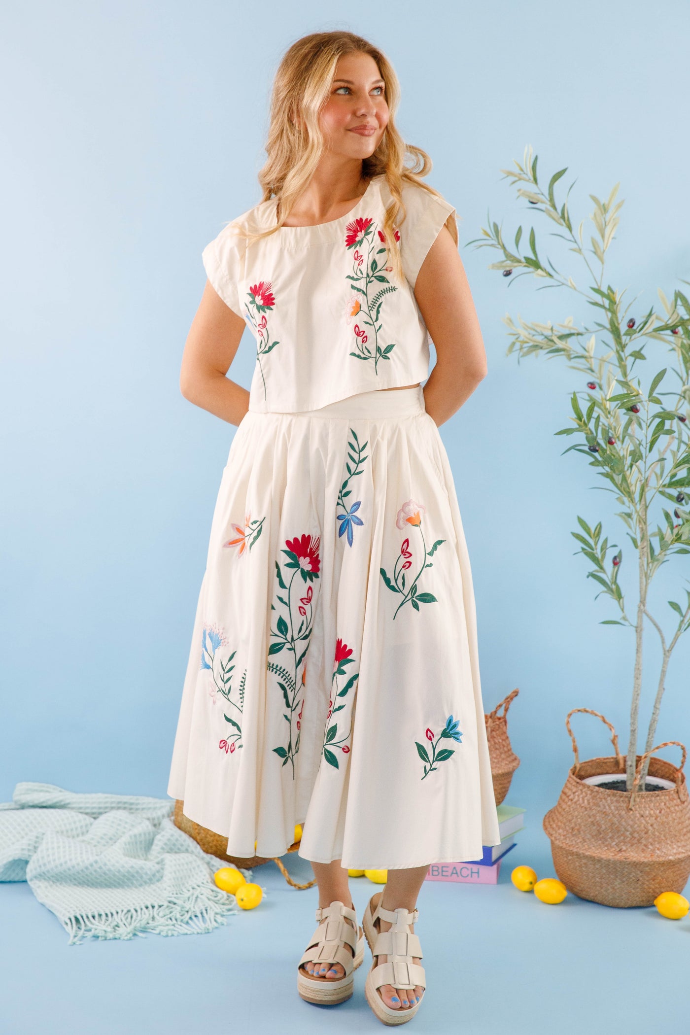 Floral Embroidery Crop Top- Midi Skirt Set- Mable Embroidered Set