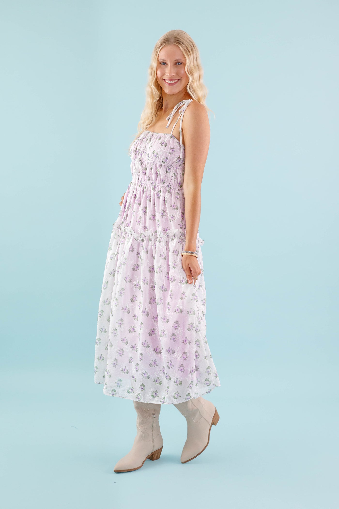 Lavender Floral Midi Dress- Dainty Flower Print Dress- Storia Midi Dress