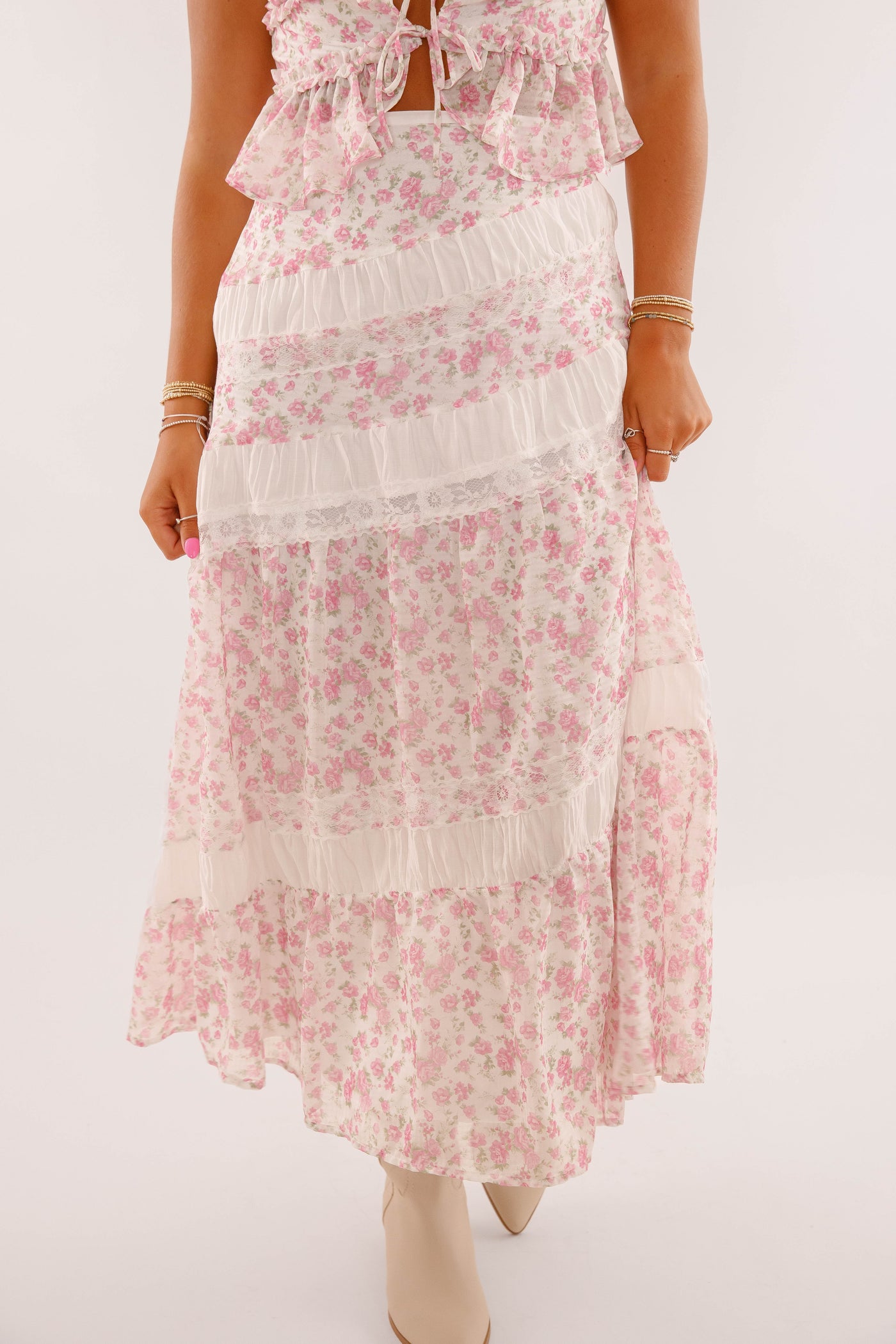 Pink Floral Lace Two Piece Set- Women's Midi Skirt Lace Set- PeachLove California