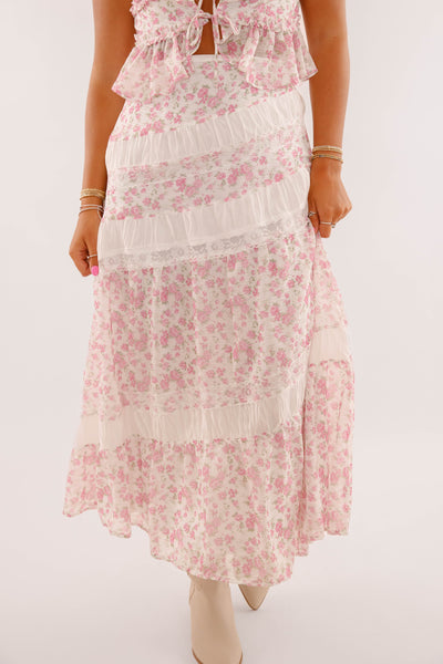 Pink Floral Lace Two Piece Set- Women's Midi Skirt Lace Set- PeachLove California