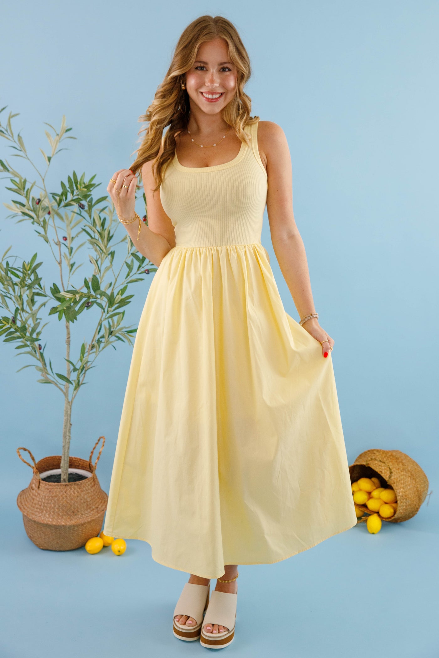 Women's Light Yellow Midi Dress- Women's A-Line Classic Dress- Light Yellow Solid Dress