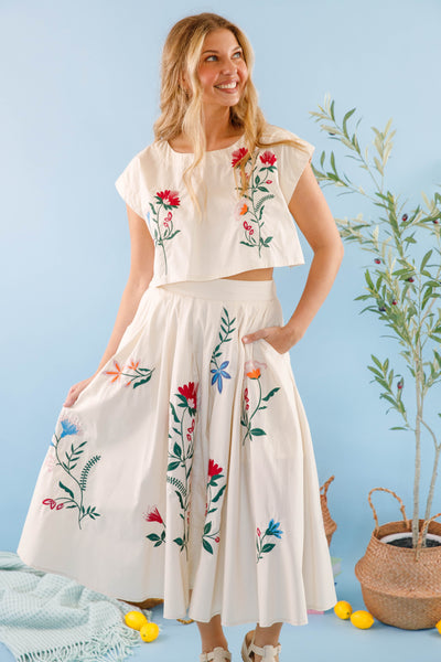 Floral Embroidery Crop Top- Midi Skirt Set- Mable Embroidered Set