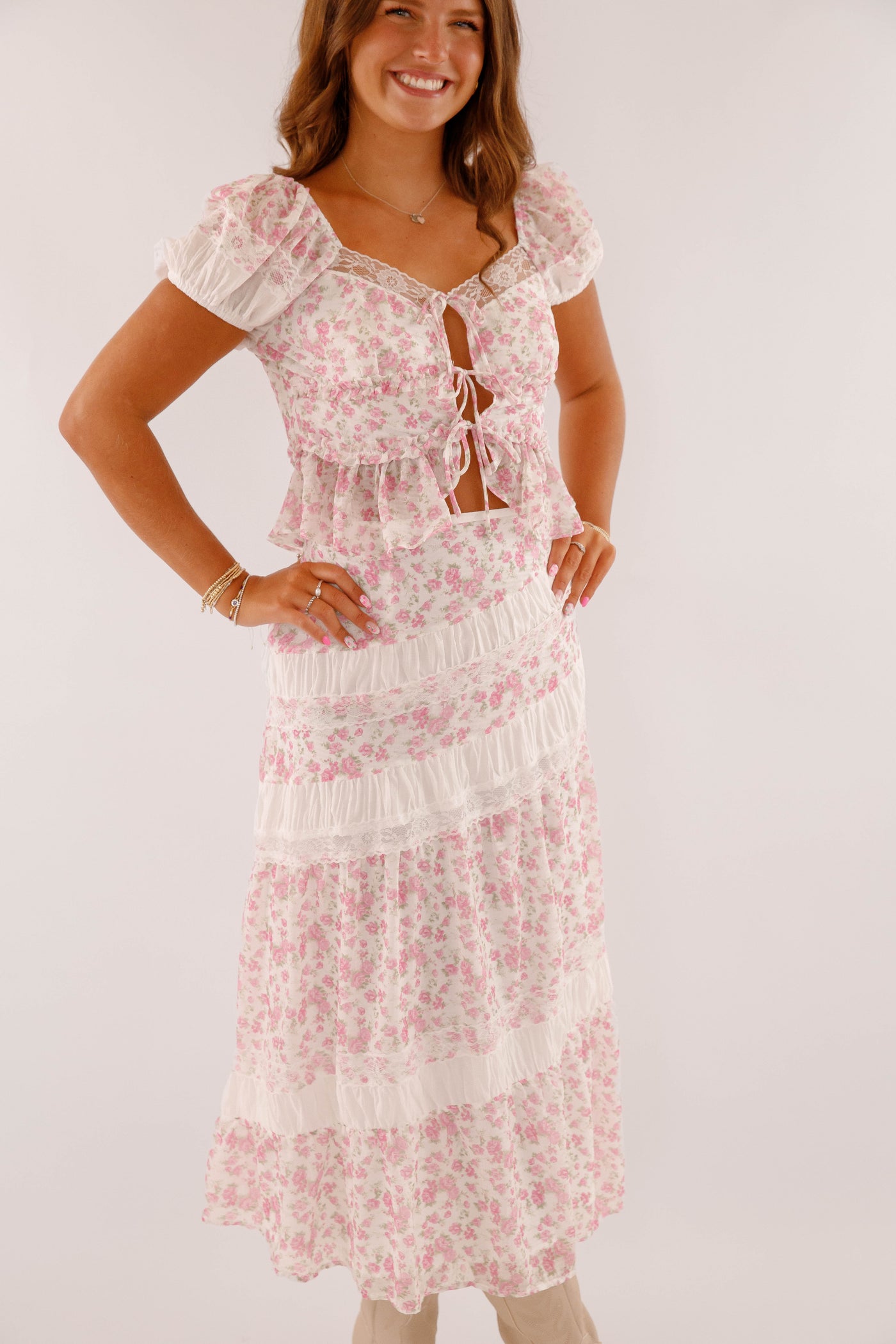 Pink Floral Lace Two Piece Set- Women's Ruffle Top Lace Set- PeachLove California