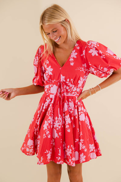 Red and Pink Mini Dress- Women's Preppy Puff Sleeve Dress- Fate Dresses