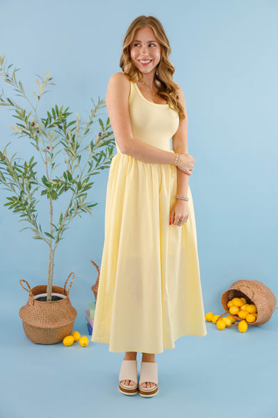 Women's Light Yellow Midi Dress- Women's A-Line Classic Dress- Light Yellow Solid Dress