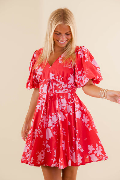 Red and Pink Mini Dress- Women's Preppy Puff Sleeve Dress- Fate Dresses