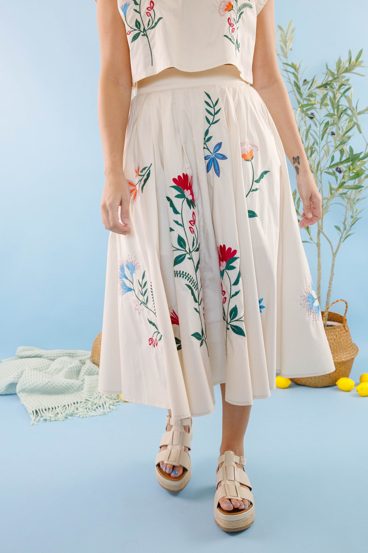 Midi Flare Skirt- Two Piece Embroidered Set- Mable Floral Set