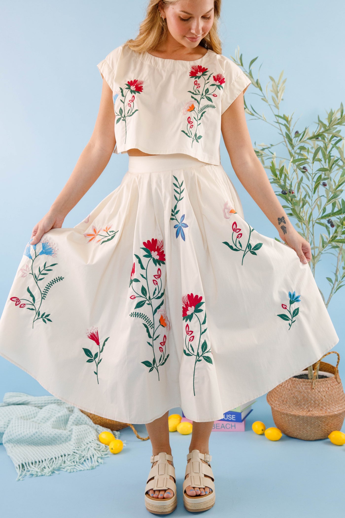 Floral Embroidery Crop Top- Midi Skirt Set- Mable Embroidered Set