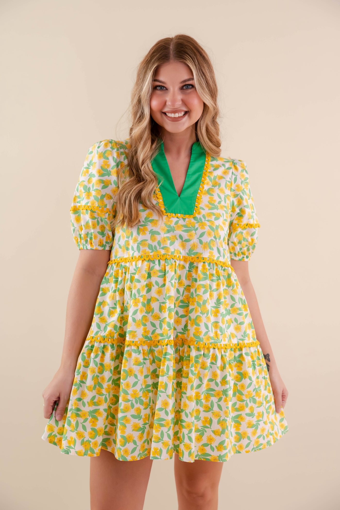 Yellow Floral Print Dress- Women's Yellow Cotton Dress- Entro Women's Dresses