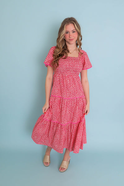 Pink and Red Floral Print Midi Dress- Women's Bright Midi Dress- Umgee Dresses