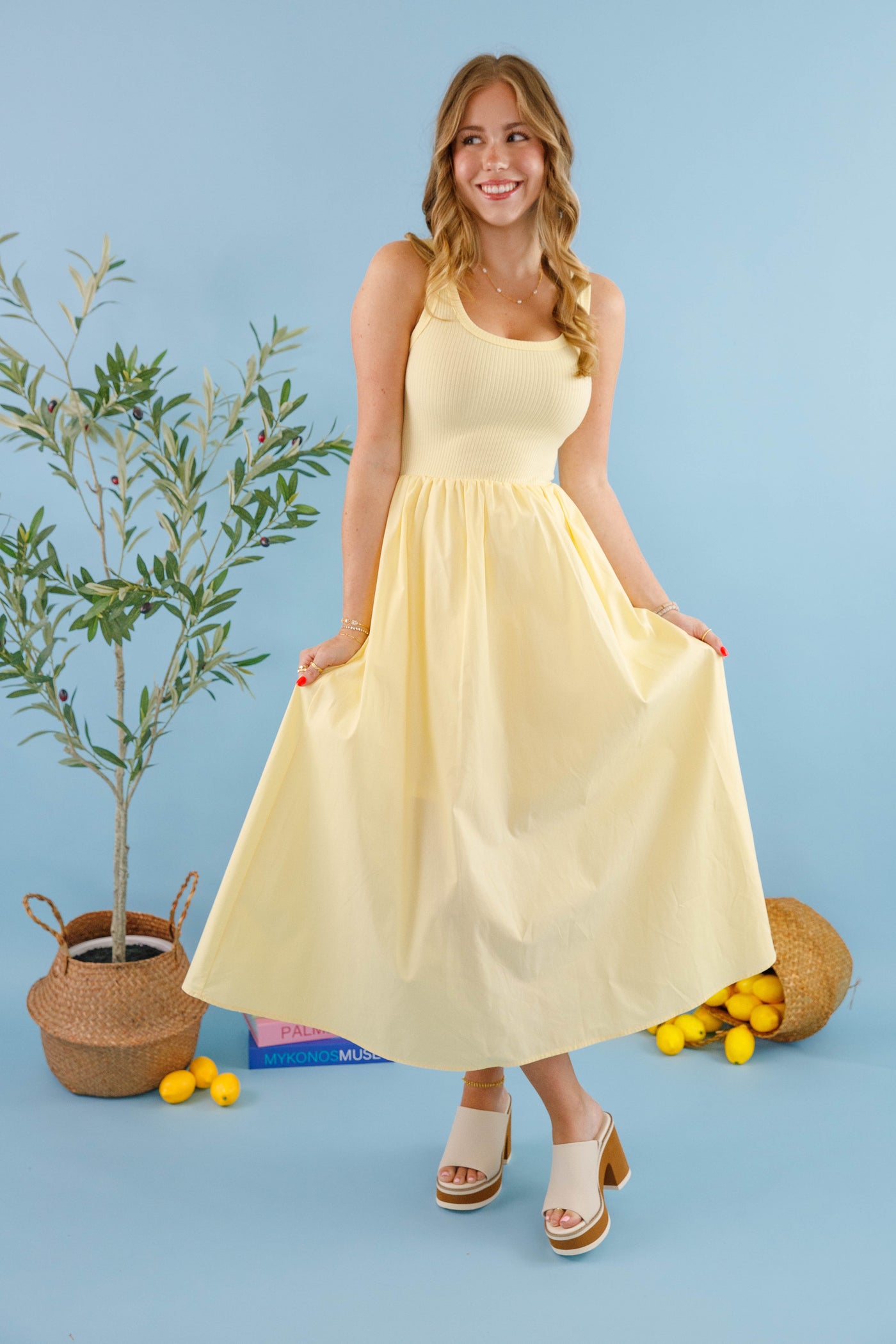 Women's Light Yellow Midi Dress- Women's A-Line Classic Dress- Light Yellow Solid Dress
