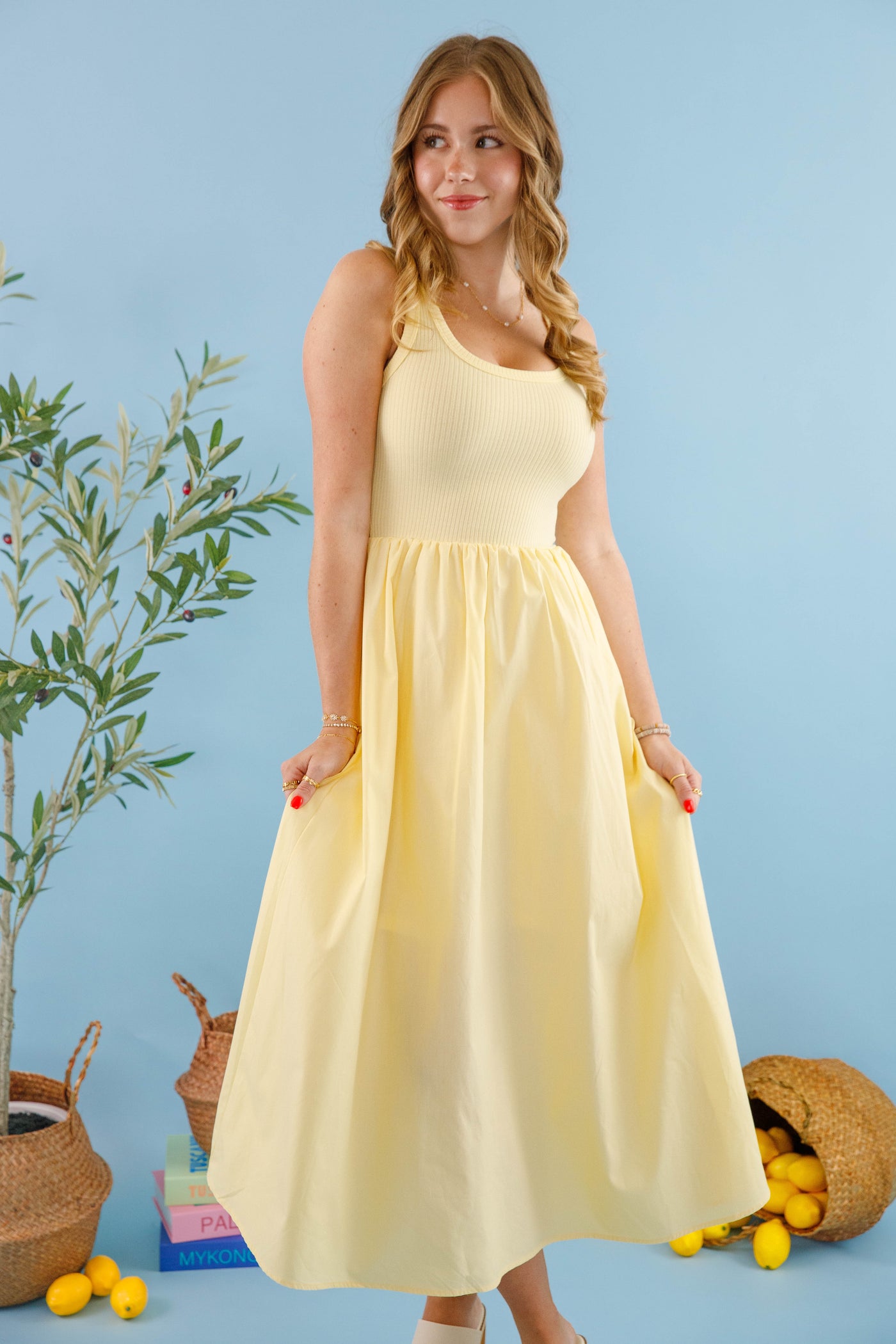 Women's Light Yellow Midi Dress- Women's A-Line Classic Dress- Light Yellow Solid Dress
