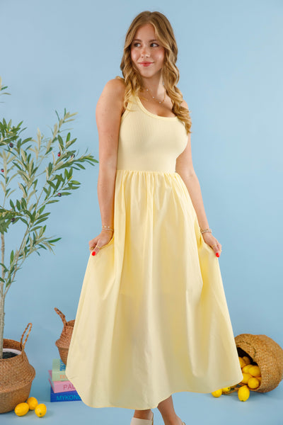 Women's Light Yellow Midi Dress- Women's A-Line Classic Dress- Light Yellow Solid Dress
