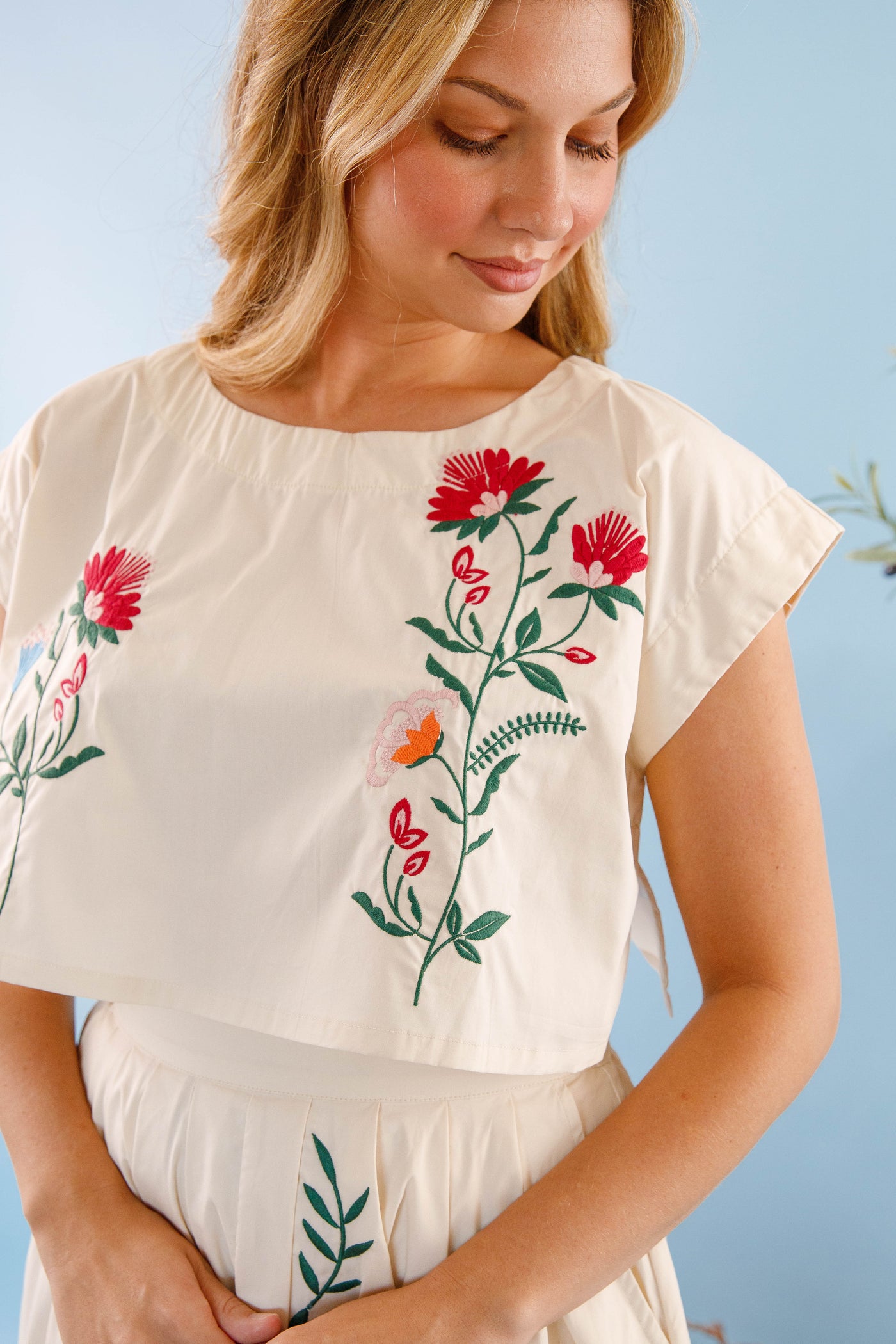 Floral Embroidery Crop Top- Midi Skirt Set- Mable Embroidered Set