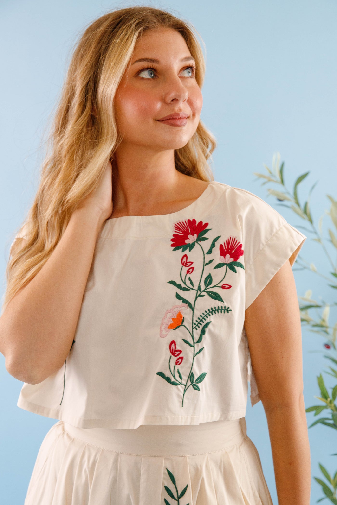 Floral Embroidery Crop Top- Midi Skirt Set- Mable Embroidered Set