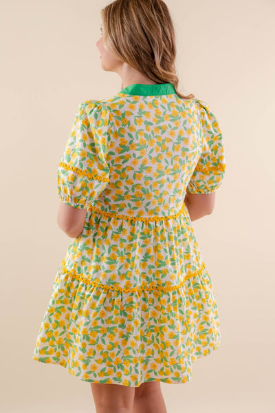 Yellow Floral Print Dress- Women's Yellow Cotton Dress- Entro Women's Dresses