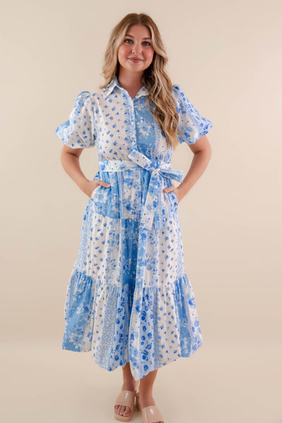 Floral Patchwork Midi Dress- Women's Blue and White Dress- PeachLove Midi Dress