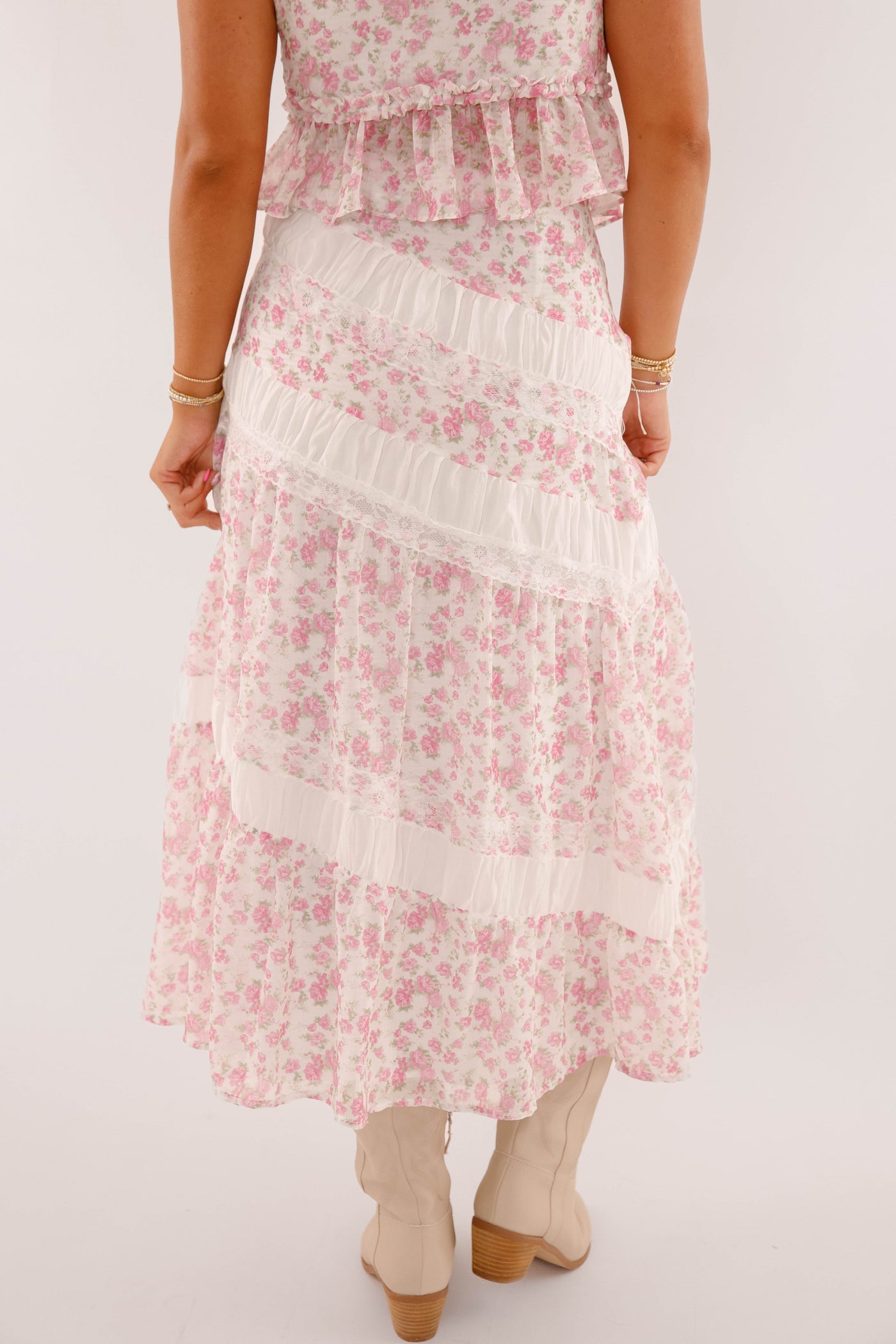 Pink Floral Lace Two Piece Set- Women's Midi Skirt Lace Set- PeachLove California