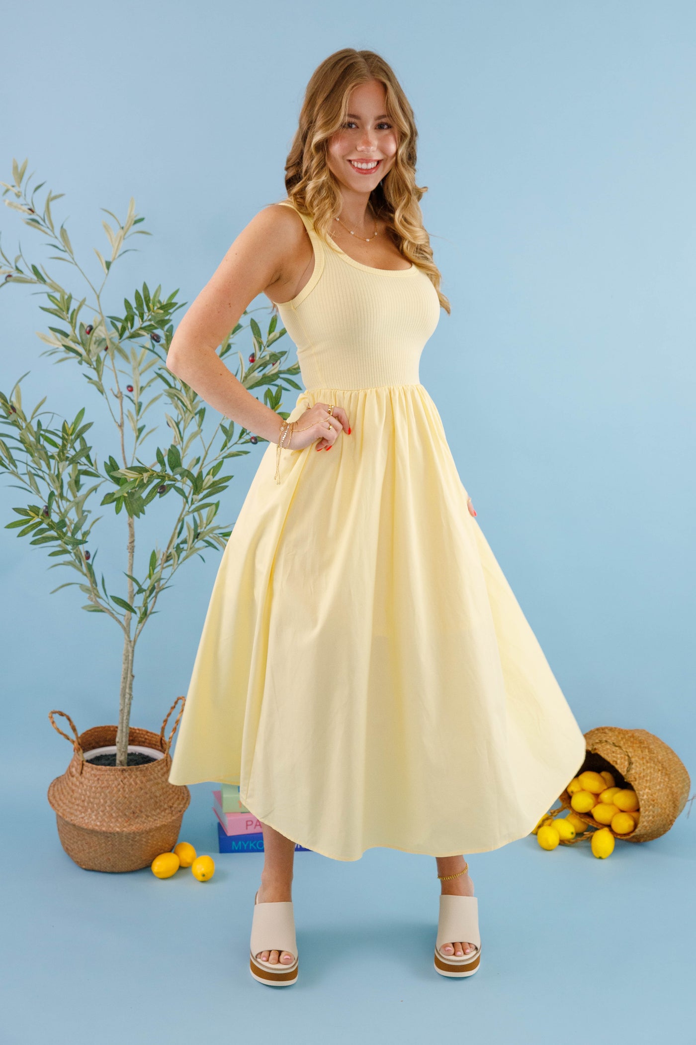 Women's Light Yellow Midi Dress- Women's A-Line Classic Dress- Light Yellow Solid Dress