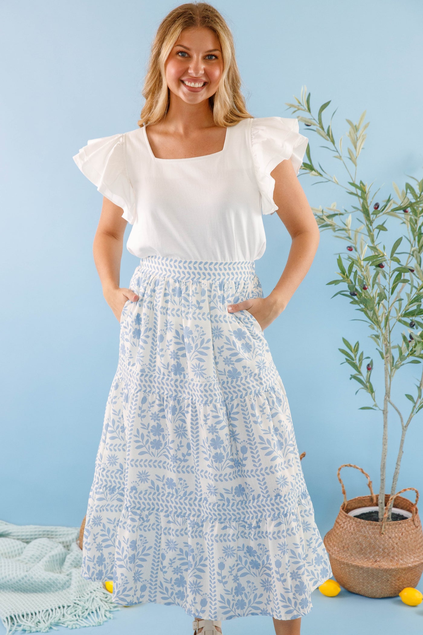 Women's Blue Floral Maxi Skirt- Blue and White Print Skirt- Women's Vacation Outfits