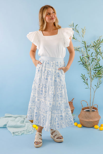 Women's Blue Floral Maxi Skirt- Blue and White Print Skirt- Women's Vacation Outfits