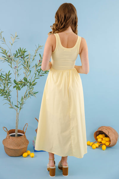 Women's Light Yellow Midi Dress- Women's A-Line Classic Dress- Light Yellow Solid Dress