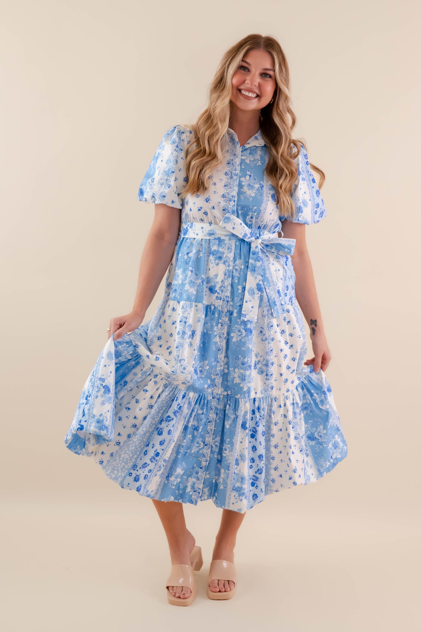 Floral Patchwork Midi Dress- Women's Blue and White Dress- PeachLove Midi Dress