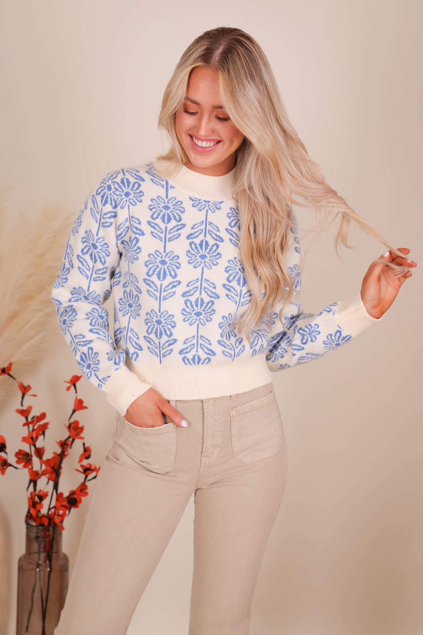 Women's Blue Flower Sweater- Women's Preppy Sweaters- &Merci Sweaters