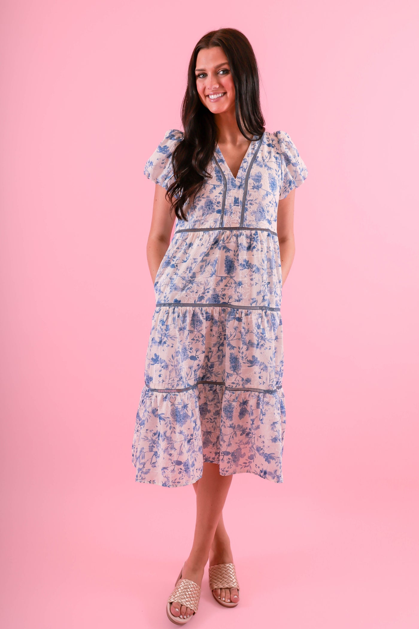 Blue Floral Midi Dress- Floral Eyelet Trim Dress- Elegant Tea Party Dress