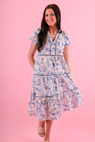 Blue Floral Midi Dress- Floral Eyelet Trim Dress- Elegant Tea Party Dress