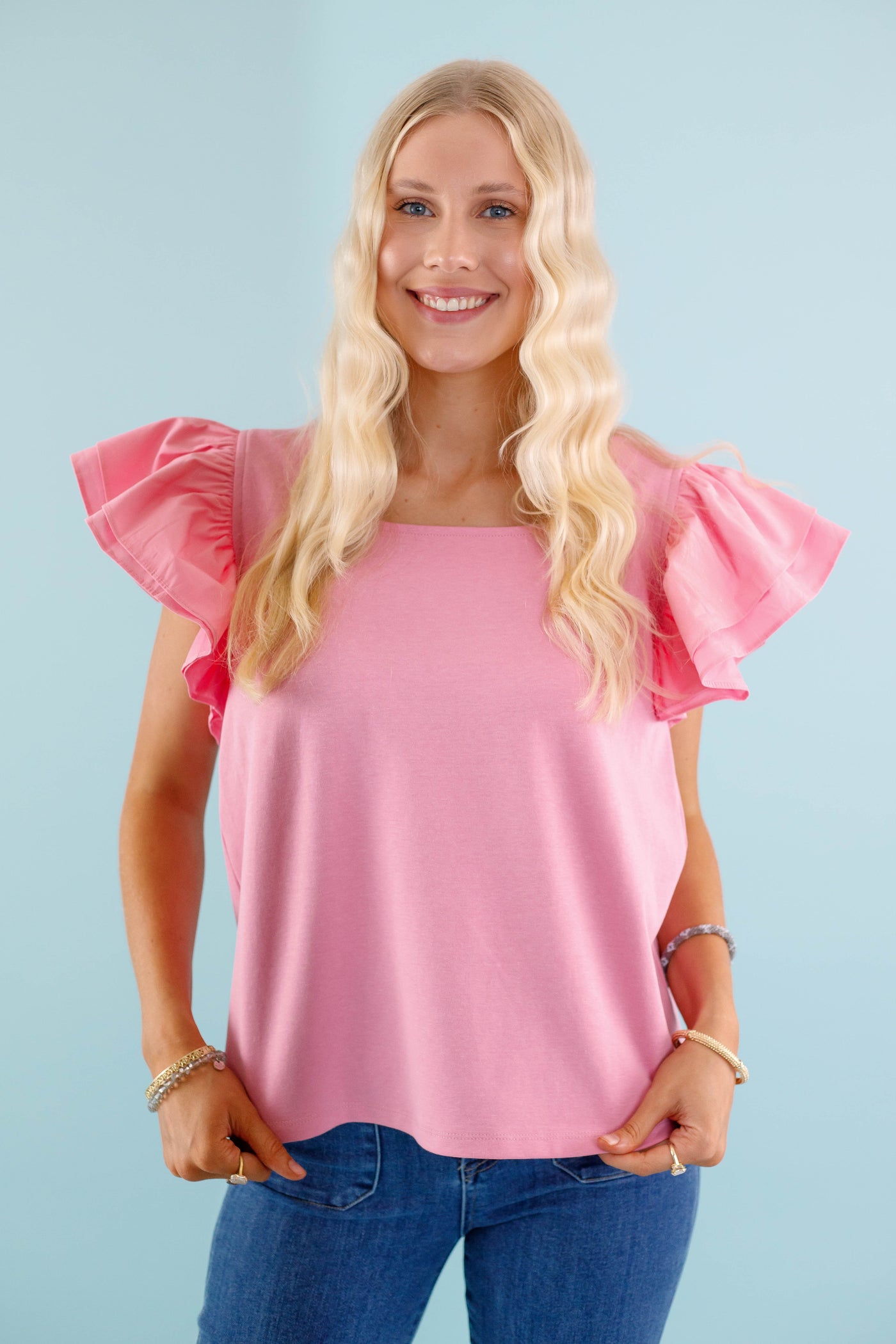 Women's Pink Ruffled Blouse - Women's Preppy Top - Jodifl Ruffled Top