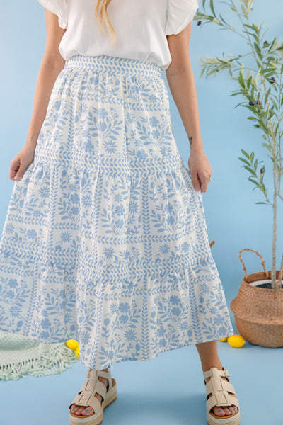 Women's Blue Floral Maxi Skirt- Blue and White Print Skirt- Women's Vacation Outfits