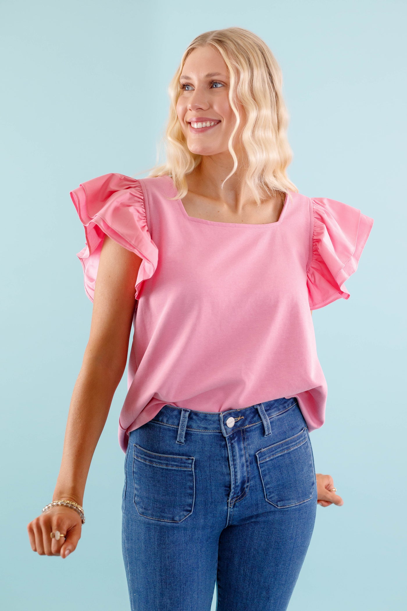 Women's Pink Ruffled Blouse - Women's Preppy Top - Jodifl Ruffled Top