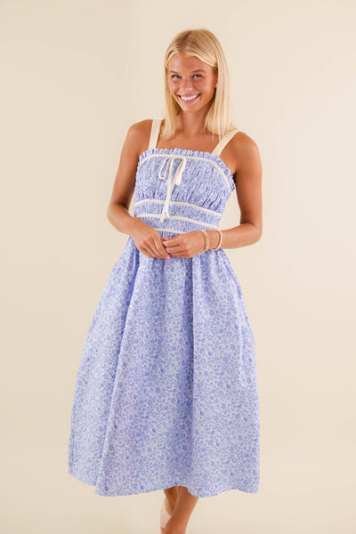 Light Blue Floral Midi Dress- Jacquard Midi Dress- Women's Blue Dress With Bows